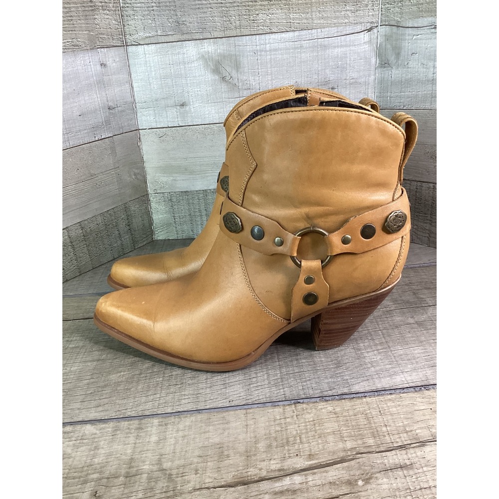 Durango Tan Leather Harness Ankle Boots Womens 9 M Western Pointed Toe RD2502 - Picture 2 of 8